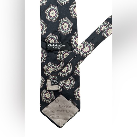 Christian Dior Monsieur 100% Silk Tie Vintage Black Gray Necktie Geometric - Picture 1 of 8